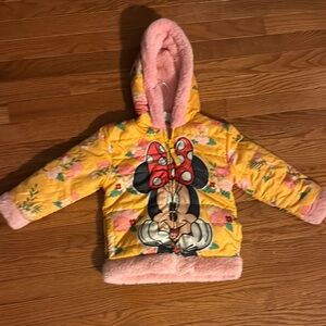 Yellow and Pink Puffer Jacket with Minnie Mouse Design